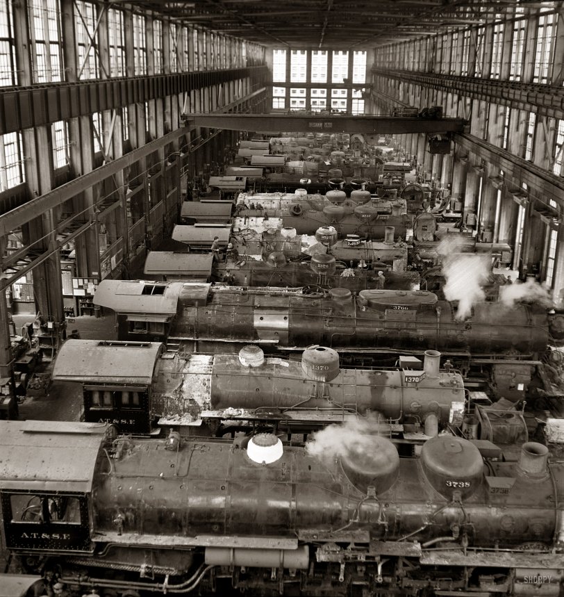 March 1943. "San Bernardino, California. A general view in the Atchison, Topeka, and Santa Fe Railroad locomotive shops." Medium-format nitrate negative by Jack Delano for the Farm Security Administration. View full size.
