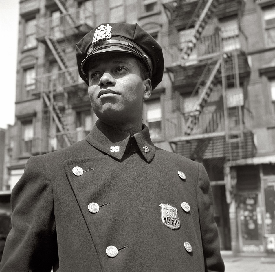 New York, May 1943. "Policeman no. 19687. William Alexander Frazier, born 1916 in Harlem." Medium format nitrate negative by Gordon Parks for the Office of War Information. View full size.