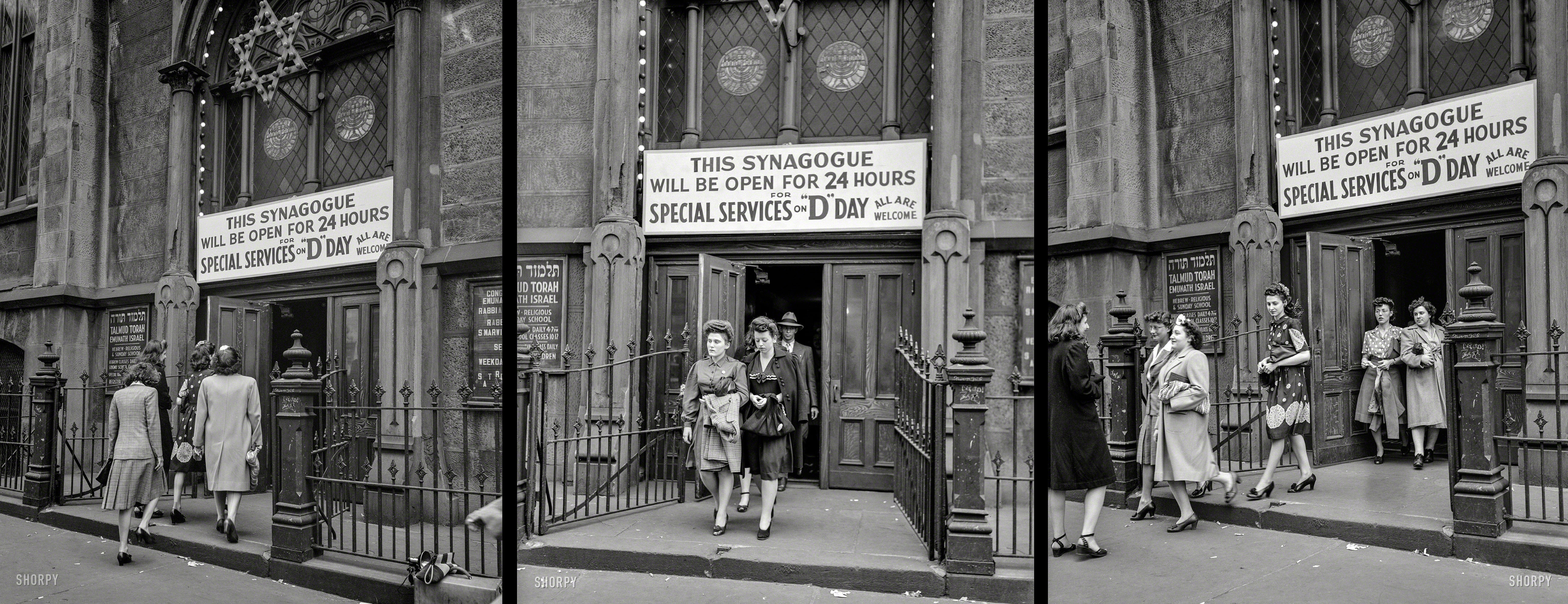 A D-Day triptych. "New York, New York. June 6, 1944. Congregation Emunath Israel. D-Day services in a synagogue on West 23rd Street." Photo by Howard Hollem et al. for the Office of War Information. View full size.