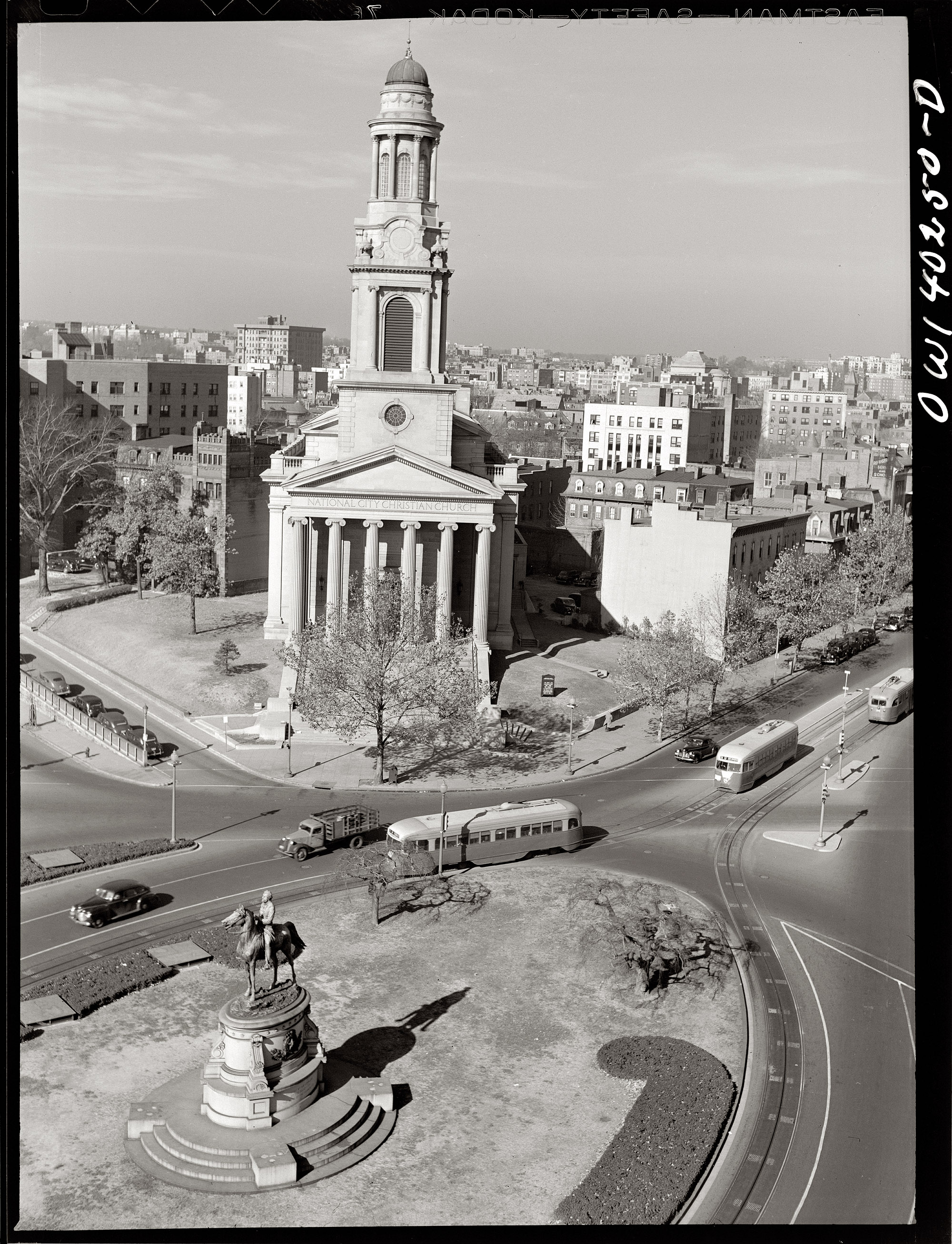 December 1943. National City Christian Church on Thomas Circle in Washington, D.C. Medium-format safety negative by Esther Bubley. Superjumbo full size.