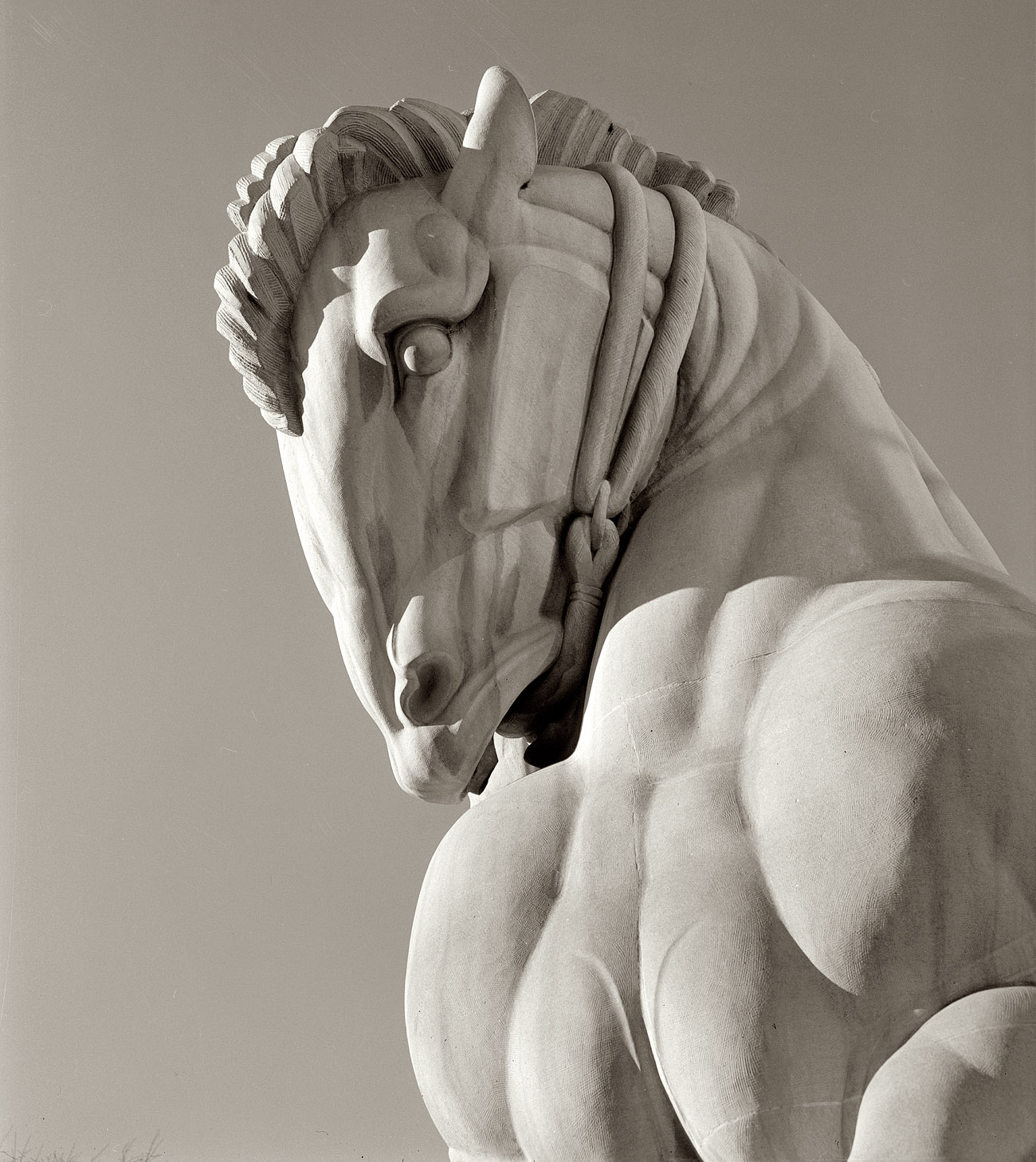 December 1943. Detail of "Man Controlling Trade," a limestone statue completed in 1942 by Michael Lantz for the Federal Trade Commission building in Washington. View full size. Medium-format negative by Esther Bubley.