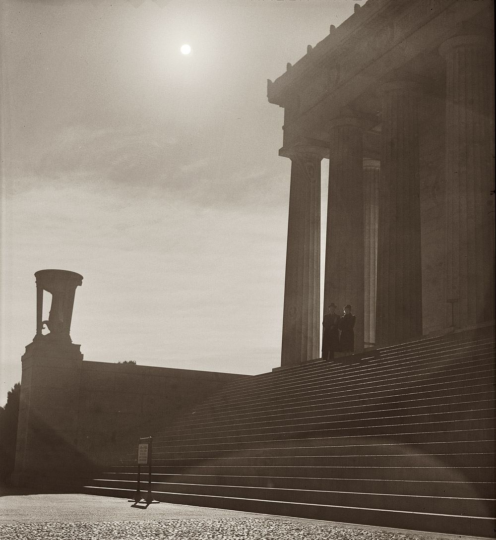 December 1943. Visitors at the Lincoln Memorial in Washington. View full size. 3x3 safety negative by Esther Bubley for the Office of War Information.