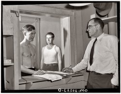 The Control Room: Servicemen getting towels and soap from an attendant in the enlisted men's shower room at the United Nations service center in Washington. December 1943. View full size. Photograph by Esther Bubley. More here.