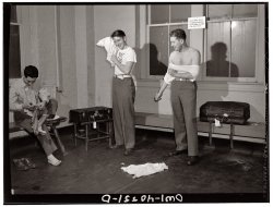 December 1943. "Traveling servicemen may take a shower, shave, and wash and iron clothes at the United Nations service center in Washington, D.C." View full size. Photo by the unstoppable Esther Bubley. (Showering and shaving we've seen. Are there photos of clothes-washing? Yes indeed. Ironing? Yew betcha.)