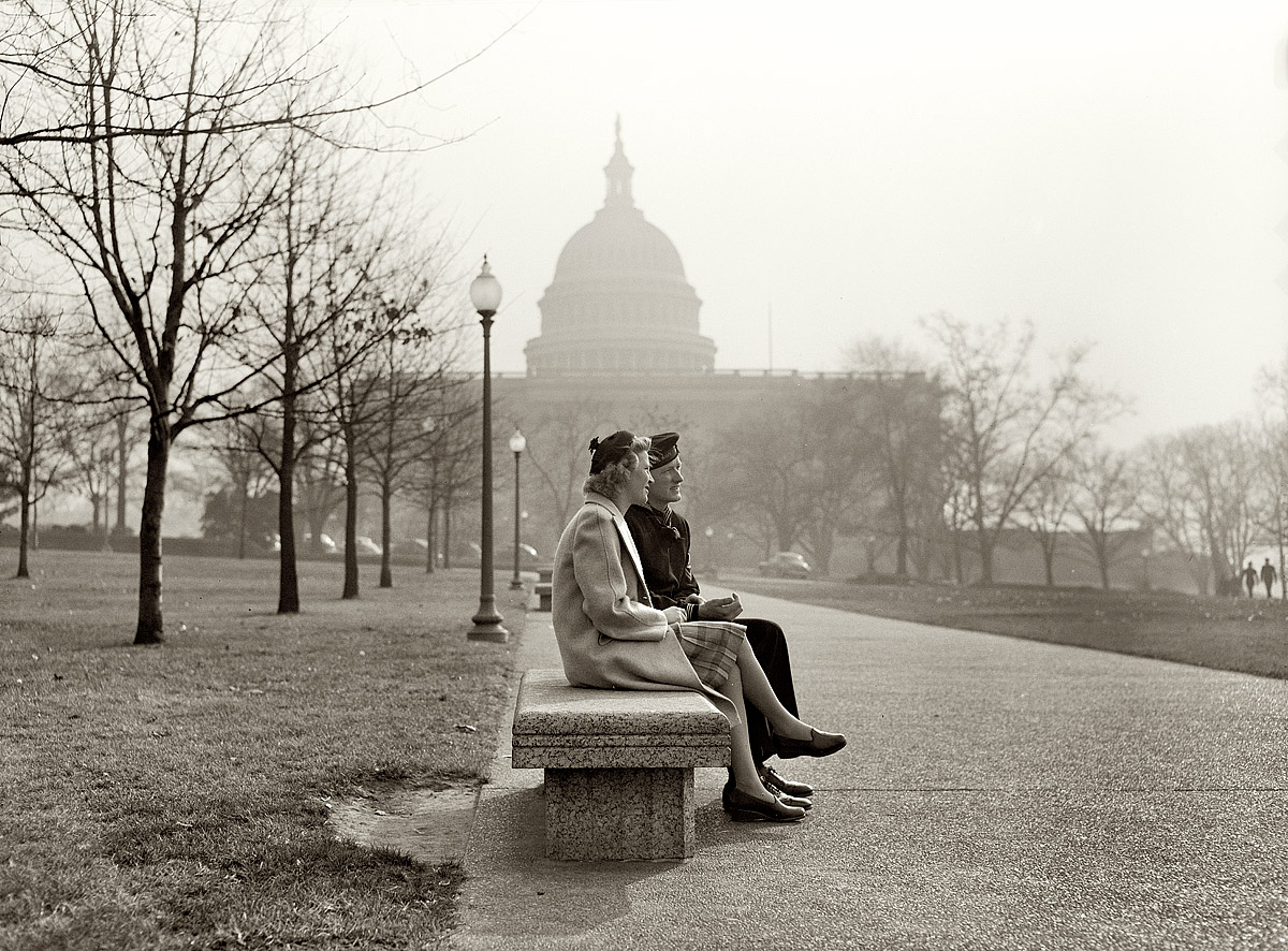 December 1943. "Hugh and Lynn Massman sightseeing on their first day in Washington. Their baby is being taken care of in the nursery at the United Nations service center." Photo: Esther Bubley, Office of War Information. View full size
