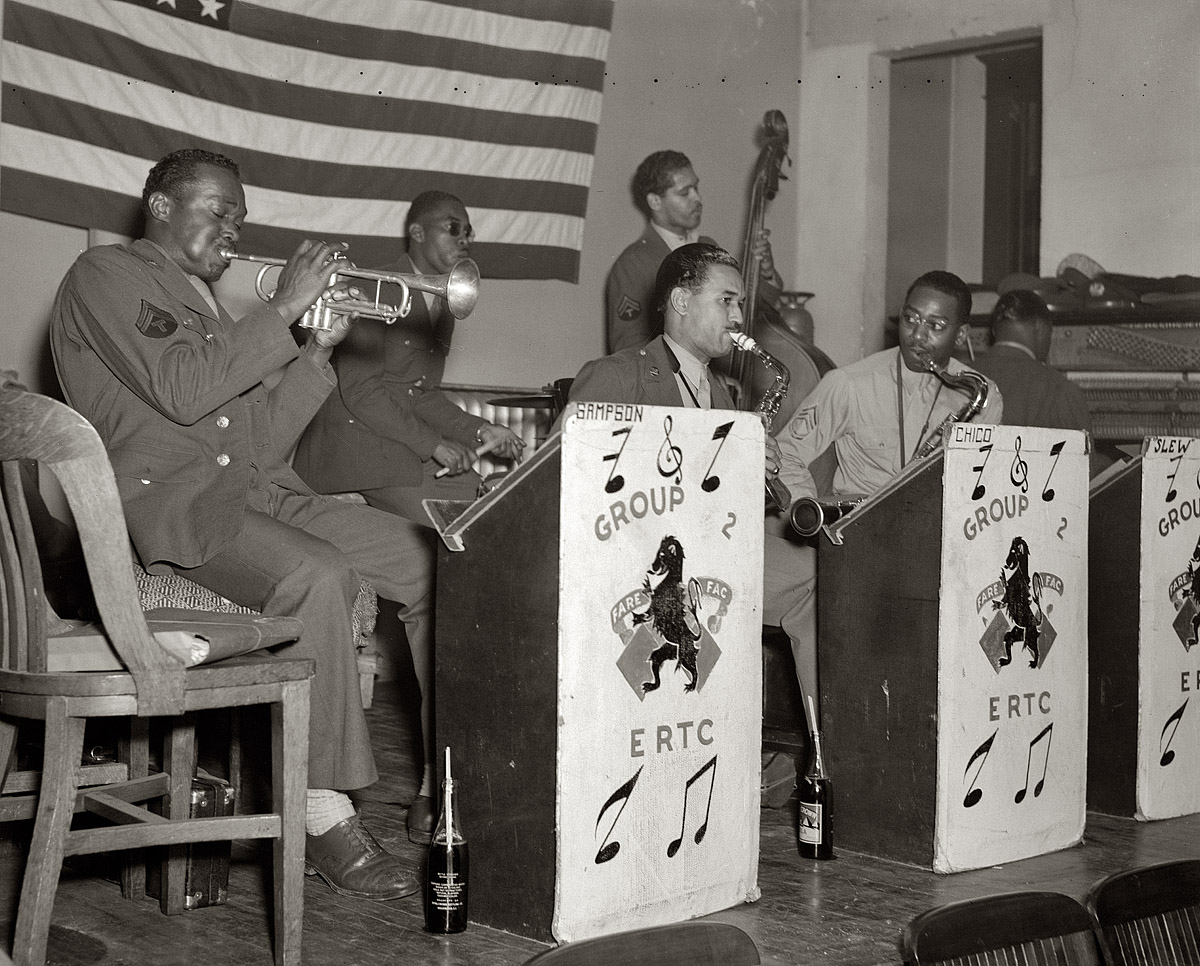 March 1944. Washington labor canteen. Band for a St. Patrick's Day dance sponsored by the United Federal Workers of America, Congress of Industrial Organizations. View full size. Medium format safety negative by Joseph Horne.