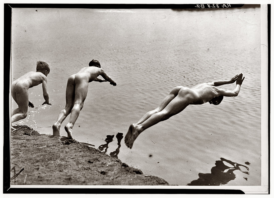 Three boys diving from mudbank circa 1935, location unknown. View full size. 5x7 safety film negative, Acme News Photo archive, Library of Congress.