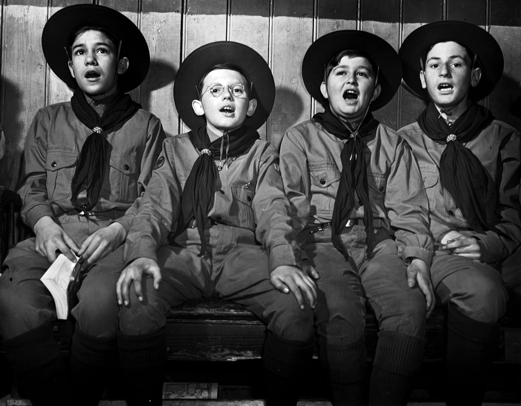 "Portuguese Boy Scouts singing in New Bedford, Massachusetts." Photograph by John Collier, spring 1942. View full size.