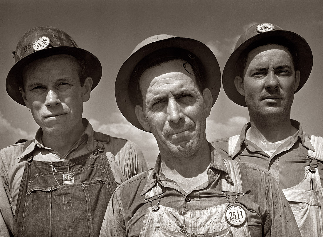 June 1942. Workers on the Tennessee Valley Authority's Watts Bar Dam hydro- electric project. View full size. 3.25 inch safety negative by Arthur Rothstein.