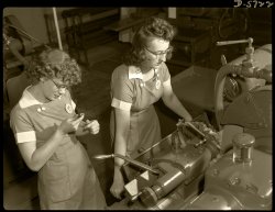 Grinder operators at Republic Drill & Tool, Chicago. August 1942. View full size. Photograph by Ann Rosener for the Office of War Information.