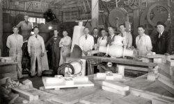 Vancouver, B.C., in the 1940s. Workers inside A-1 Steel Tom Sr.(R) owner. Those are patterns on the tables. The steel industry was taking shape and most of what my Grandpa Tom made here was chain to carry logs to the sawmills downriver. View full size.
(ShorpyBlog, Member Gallery)