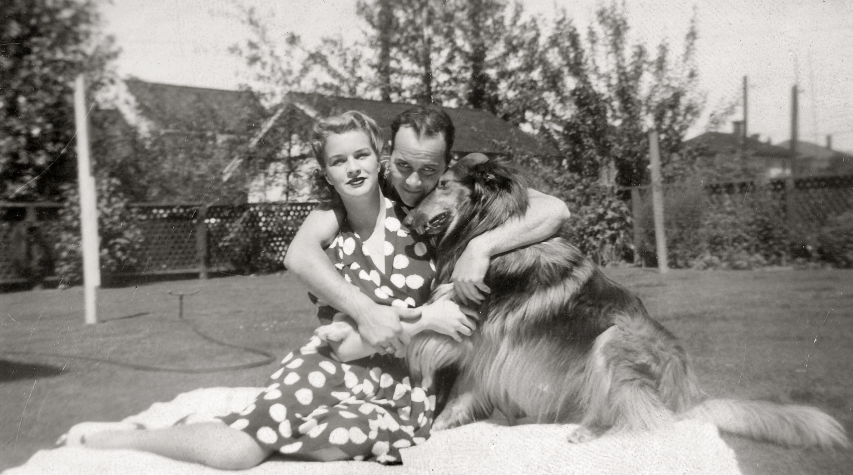 I can feel the love shown in this picture. The date is late 1940s, the place probably Vancouver, BC, in the yard of the I'Anson home. King Tut, their collie, was the hero of the neighborhood, as he rescued a neighbor's small dog from a "dog pack" that was picking on him. That's Dad (Tom Jr.) and Mom (Marilyn Gardner). View full size.