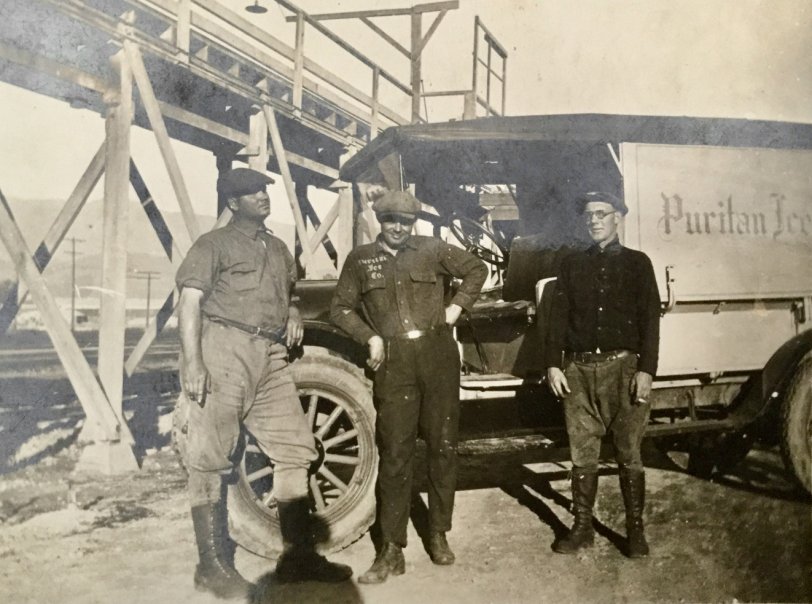 My grandfather, Grant M. Hodge is on the far right. He was a resident of Santa Barbara from 1921 until his death in 1967. The Puritan Ice Company was founded in Santa Barbara and operated between 1922 and 1986. They manufactured large blocks of ice for railroad cars transporting fresh fruits and vegetables. Based on how young he looks, I would say this picture was taken between 1922 and 1932. View full size.
