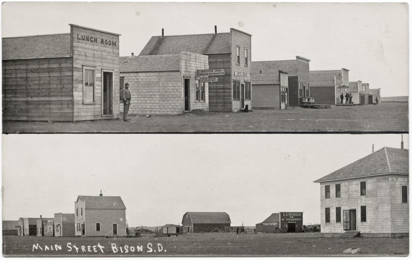 About 1915, early photo of Main Street in Bison, South Dakota. From a postcard sent to my relative in 1915. View full size.
