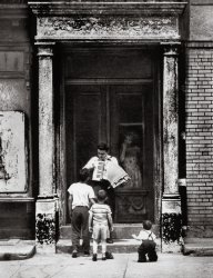 Taken in the Brownsville section of Brooklyn in 1959, on New Lots Avenue. This young fellow would come down to the street with his accordion and start to play. Invariably he would draw a number of children to his street concert. His mother would look on approvingly from behind the door. View full size.
AmazingThis is an astonishing photograph.
(ShorpyBlog, Member Gallery, Kids)