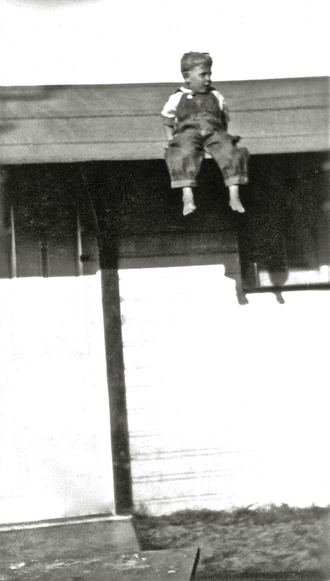 This is my dad, Allen Frederick Larsen, in 1930, when he was four. For some reason, we have a bunch of photos of him as a child in places that look quite dangerous: on rooftops as here, on railroad bridges, on car hoods. My grandfather took a lot of pictures. It's a wonder Dad lived to marry my mother. The picture was taken in Muscatine, Iowa.