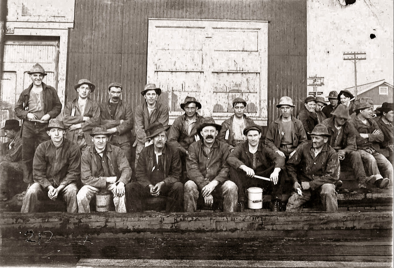 My Grandfather (front row 2nd from the left with lunch pail) was a German immigrant who came to NYC and later traveled across the country. He worked as a copper miner among other jobs. View full size.