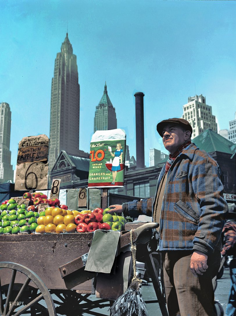 This photo was particularly difficult due to the contrast between the colorful fruits and the man made environment around them. I used "Flo" ad from the 40's as a color reference for the ad on the stand. Enjoy. View full size.
