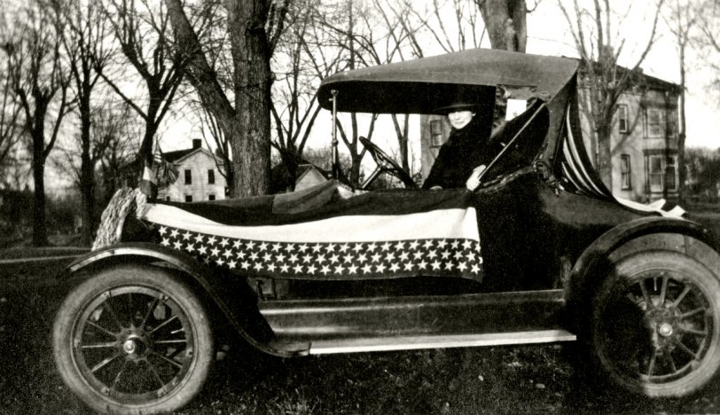 A patriotic family decorated their car for Armistice Day, November 11, 1918. From a 1918-1921 photo album I found at an ephemera swap meet. View full size.
