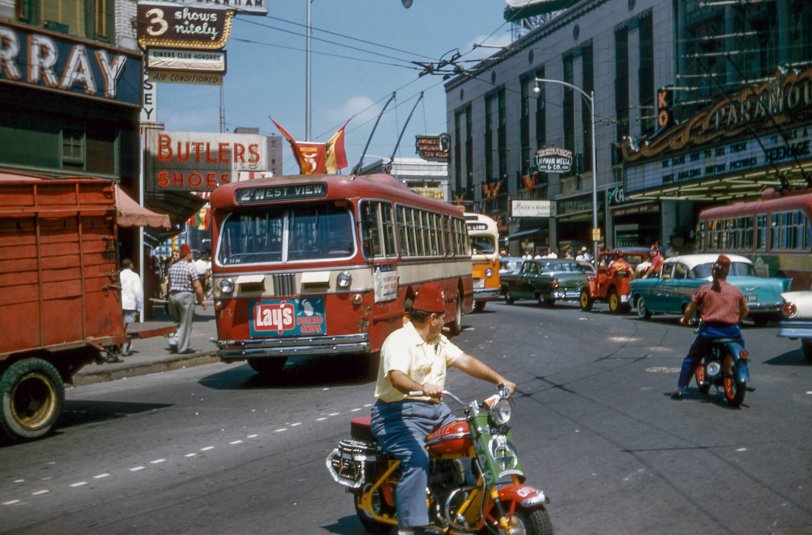 This Kodachrome slide was taken by me, William D. Volkmer, on August 30, 1957, on Atlanta's Peachtree Street in the theater district during a Shriners convention. I was entering my Senior year at Georgia Tech. View full size.
