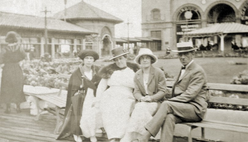 Great-grandparents, grandmother, and grandaunt at Garden Pier in Atlantic City, New Jersey, taken in the late 1910s or early 1920s, with B. F. Keith's Theatre in the background. View full size.
