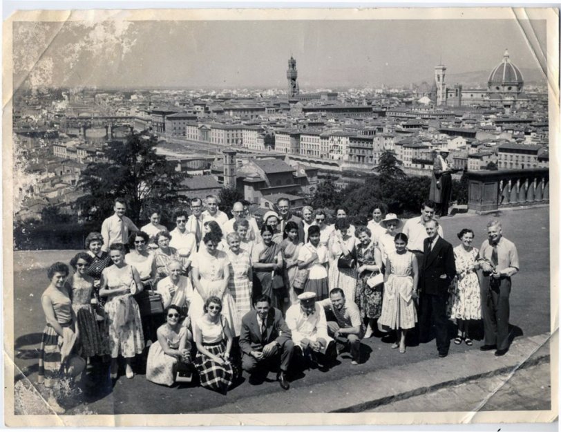 My aunt Pamela, who died of viral pneumonia in 1969, shown here on a tour of Italy in about 1959. I can't guess which city - if not Rome it could be Florence. She's in the front row with the plaid dress. A funny lady who I miss today. View full size.
