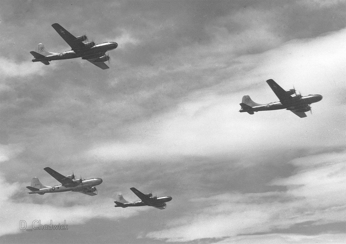 B-29 bombers flying in the "Combat Box" formation. Air Force photo scanned from the original negative. View full size.