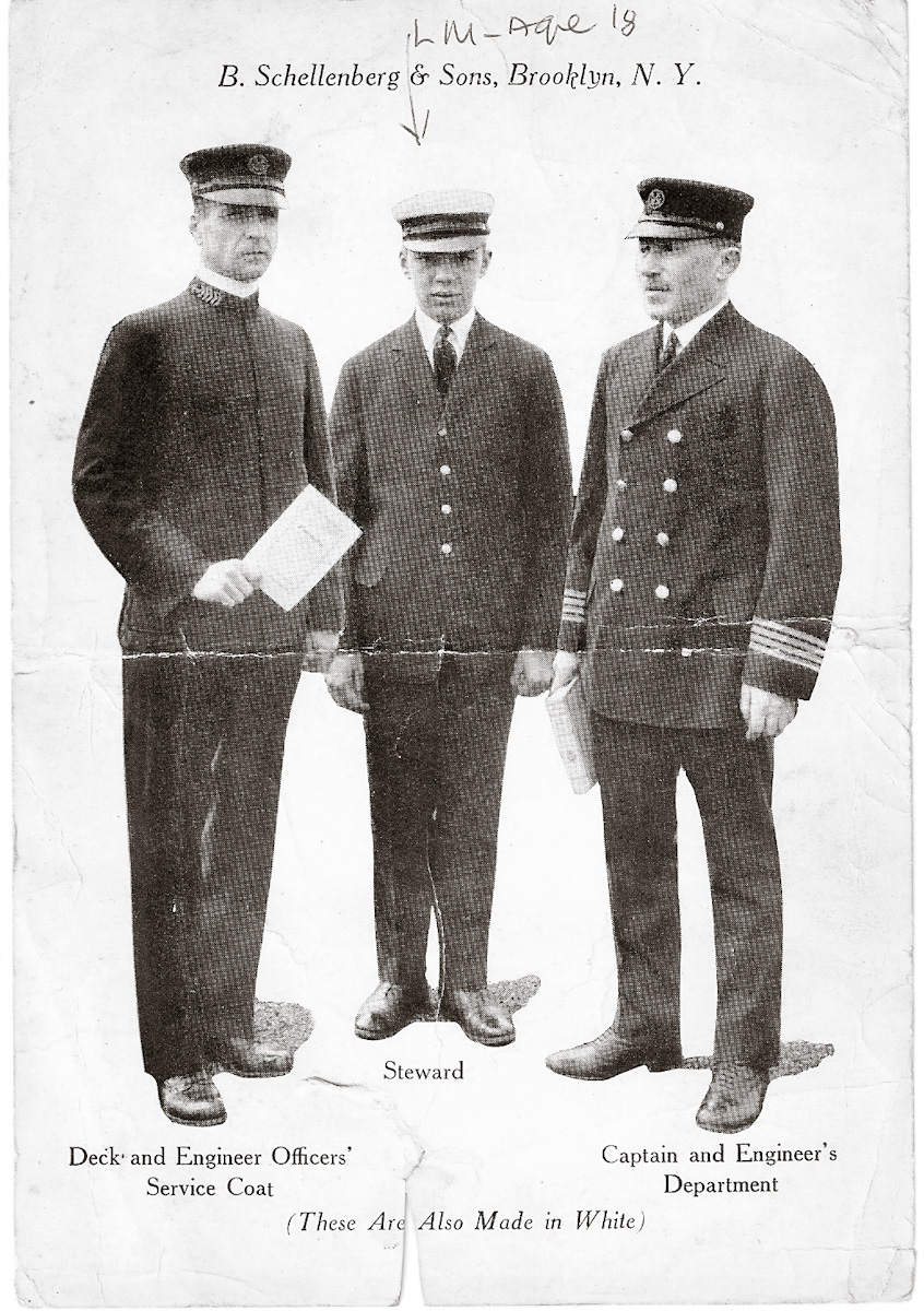 This picture was taken in 1922 and shows uniforms that were sold by B. Schellenberg & Sons Uniform Co., located in Brooklyn, N.Y. The company first sold uniforms during the American Civil War. Pictured in the middle is 18 year-old Louis Maggi. View full size.
