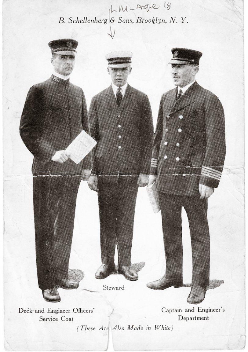 This picture was taken in 1922 and shows uniforms that were sold by B. Schellenberg &amp; Sons Uniform Co., located in Brooklyn, N.Y. The company first sold uniforms during the American Civil War. Pictured in the middle is 18 year-old Louis Maggi. View full size.
