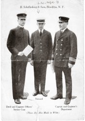 This picture was taken in 1922 and shows uniforms that were sold by B. Schellenberg &amp; Sons Uniform Co., located in Brooklyn, N.Y. The company first sold uniforms during the American Civil War. Pictured in the middle is 18 year-old Louis Maggi. View full size.
(ShorpyBlog, Member Gallery)