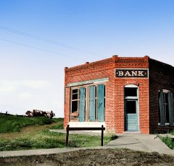 May 1936. "Bank that failed. Kansas." Medium-format nitrate negative by Arthur Rothstein. I decided to colorize this photo. I think in color it looks better. View full size.