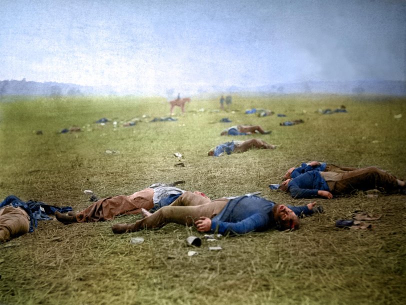 Colorized version of "Harvest of Death", taken in 1863 after the battle of Gettysburg. View full size.
