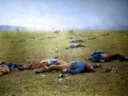 Colorized version of "Harvest of Death", taken in 1863 after the battle of Gettysburg. View full size.