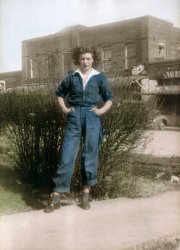 My mom in 1946 at age 17 in Joiner, Arkansas. I got a chuckle out of the Joe Terror Whiskey Store in the background. Also, this is the sister of the Young Navy Sailor (see below). She is the one that signed the papers for my Uncle to go into the Navy.