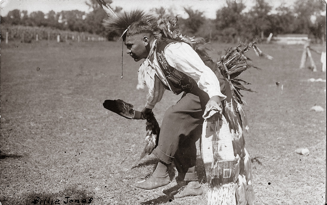 Second postcard of Meskwaki Indians from the early 1900s in Tama, Iowa. Comments helped me discover that these are "Real Photo" postcards from home camera negatives. This is Billy Jones [Billie on front, Billy on back]. He was a WWI veteran and did dances for the Green Corn Festivals for the Nation and visitors. He danced the Scalp Dance (later renamed the Victory Dance), the Eagle Dance, and others. View full size.