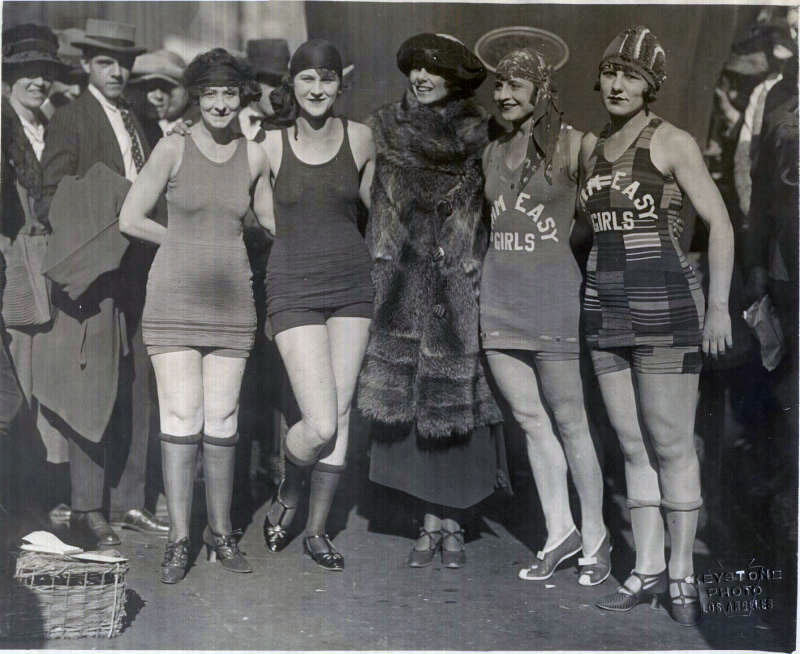My great-aunt Farrell Sapulding Brown, is on the left of the lady in fur. She swam competitively and was on a swim team sponsored by Bimini Baths in Los Angeles. This picture is circa 1915. I am told by family that Bimini Baths, a sort of country club, was quite the destination around this time. View full size.