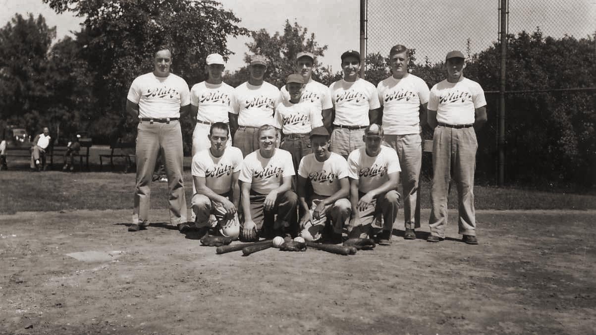 Blatz Brewery Softball team Milwaukee, circa 1940.  My Grandfather, Ray Kenitzer, is in the back row, 3rd from the left.  