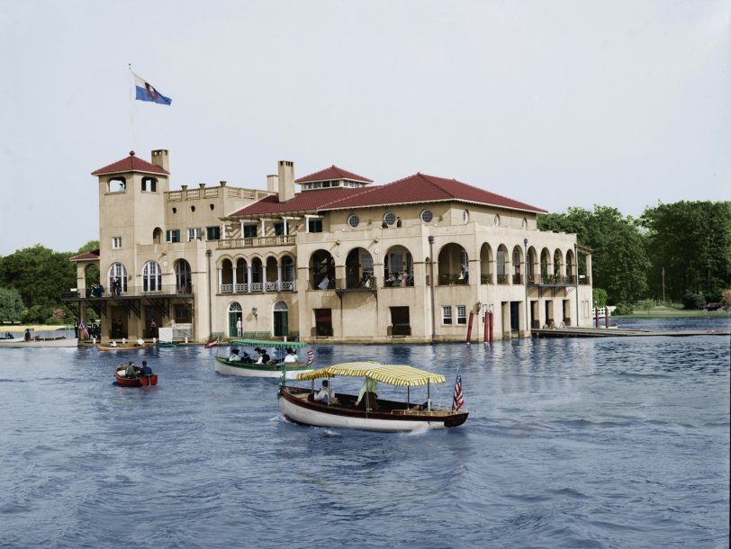 View from the Water - Detroit Boat Club, Belle Isle, Detroit, Mich. Circa 1905. Colorized photo from Library of Congress, Detroit Publishing Company. View full size.

