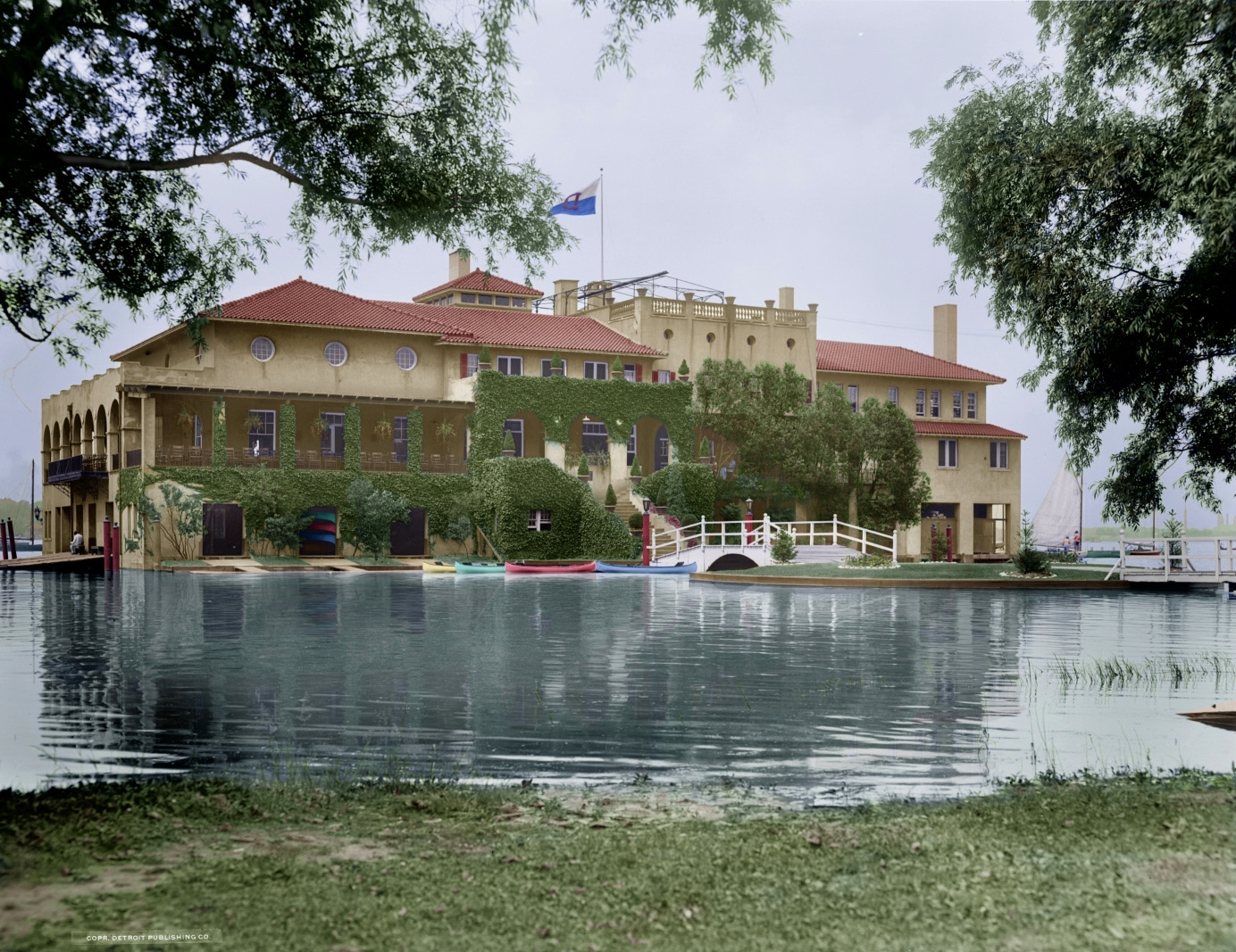 Detroit Boat Club, Belle Isle, Michigan, circa 1905. Library of Congress, Detroit Publishing Photo, colorized. View full size.