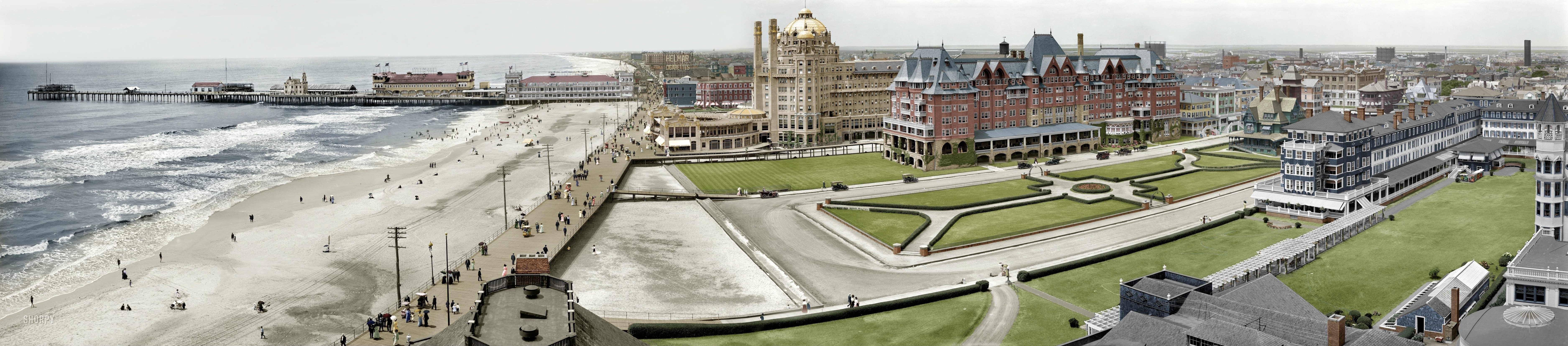 Atlantic City, N.J., circa 1910. "Boardwalk, Hotel Marlborough-Blenheim and Young's Million-Dollar Pier." 

Dave posted this amazing black-and-white panorama in October.  Someone in the comments section suggested that colorizing this photo would be a "Monumental Challenge." I couldn't resist giving it a try. View full size.