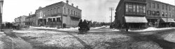 Pine Street in downtown Burlington, Wisconsin, c. 1905.  From original negative of photo taken by Peter Angsten, inventor of the Al-Vista Panoramic Camera made by Multiscope & Film Co. of Burlington, WI. View full size.