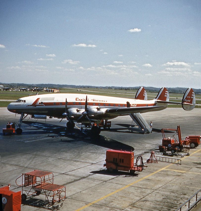 A Capital Airlines Lockheed L-049 Constellation at the Allegheny County Airport, southeast of Pittsburgh, Pennsylvania. Circa 1952.  Scanned from a Kodachrome stereo slide taken by my grandfather Ralph E. Archer, who owned and operated the Archer Camera Shop in Titusville, Pennsylvania, from 1929 to 1961.  
Pennsylvania Airlines, which started in 1931, later merged with Central Airlines in 1936 to become (you guessed it) Pennsylvania Central Airlines. PCA then changed its name in 1948 to Capital Airlines and made a first in airline history when it introduced a new low-fare "coach" service called the "Nighthawk" service.  It later merged with United Airlines in 1960.  "Queens of all the Air" was the title of one of their advertising brochures in the 1950s which featured the Constellation on the cover.
