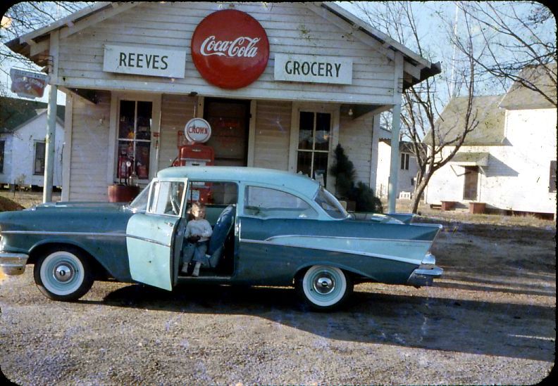 Almost new 1957 Chevrolet taken in front of family store in Fitzgerald, Ga. in 1958. View full size.