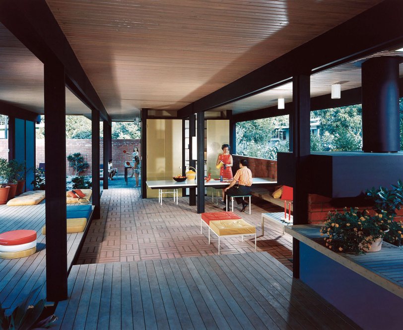 "Recreation Pavilion. Mirman Residence, Arcadia, California, 1959. Architects: Buff, Straub & Hensman." Color transparency by Julius Shulman. View full size. I see the potential here for limitless, free-spirited fun. (Please do not move cushions more than one-quarter inch from designated positions on the Recreation Pavilion Fun Grid. The Herman Miller benches will not be moved more than 21 bricks away from decking. Tennis racquets allowed on pillows only if propped at an appropriately informal angle, 35 degrees to the horizontal. Thank you.)