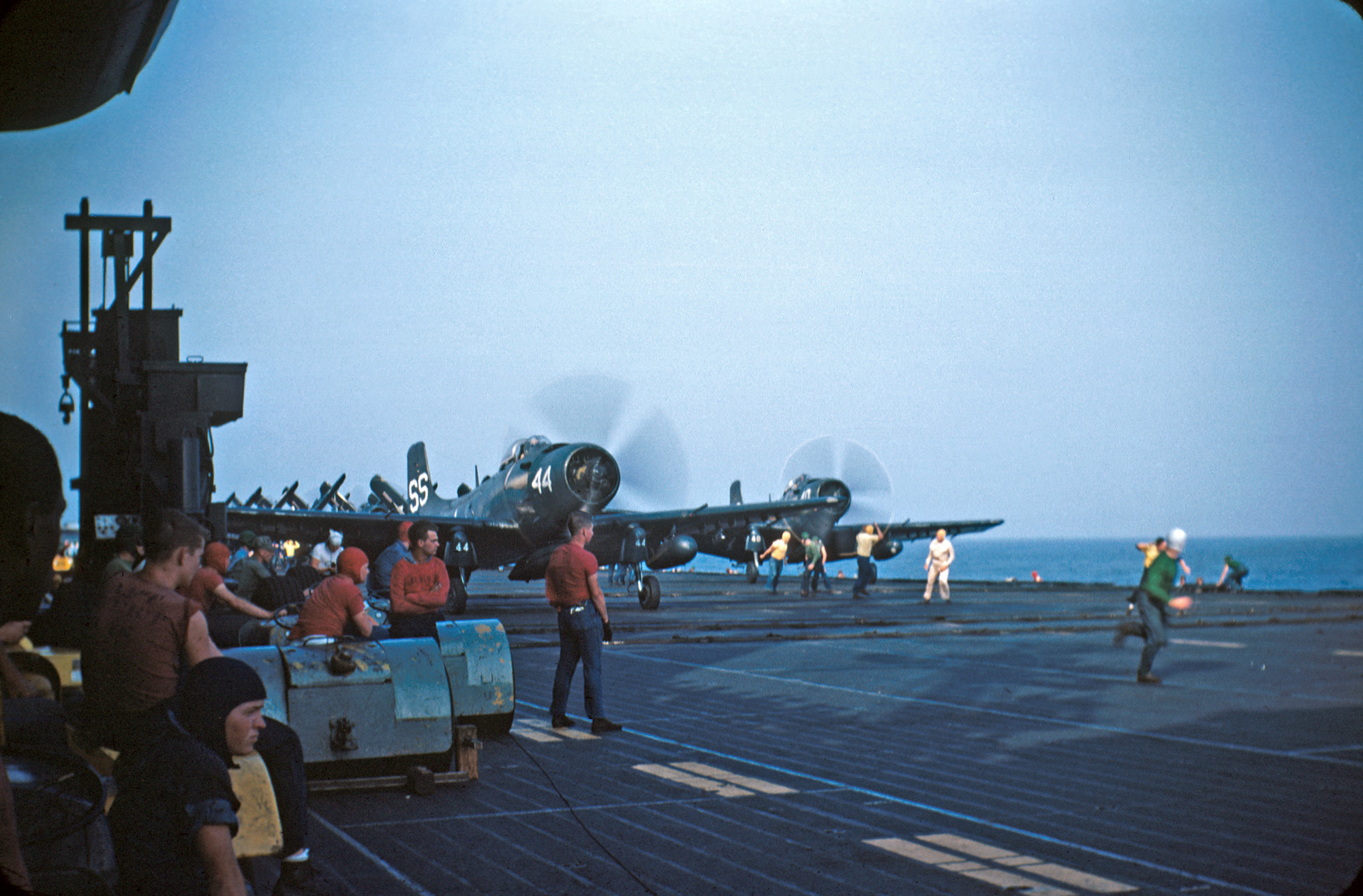 1952. While war rages in Korea, my father, LTJG Don Clark, cruises the Med on the USS Franklin D. Roosevelt (CV-42) as an air controller. He took this picture of the launching of VC-33 (SS tail code) AD-4N's (later known as A-1 Skyraiders). View full size.