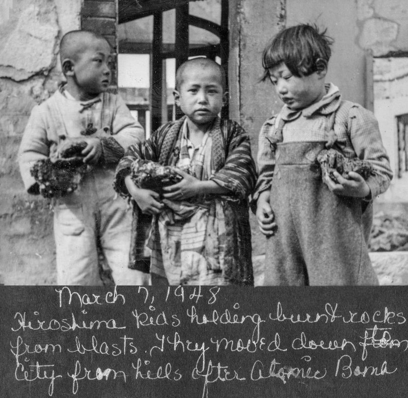 Hiroshima children holding burnt rocks from atomic blast. They moved down to the city from the hills after the atomic bomb explosion. Occupied Japan, March 7, 1948.
Captain Clarence V. Ward was sent with the US Army to provide ophthalmology care to war-refugee Japanese children and adults as well as American Service personnel.
From a photo album titled "Pictures from Japan and Elsewhere." Occupied Japan era, Captain Clarence V. Ward, US Army from 1947-1949, 28th General Hospital, Osaka, Japan. Clarence lived in Peoria, Illinois (Feb. 13, 1922 - June 5, 2009).
Ward served in the US Army from 1947-1949, 28th General Hospital, Osaka, Japan attaining the rank of Captain. He graduated from St. Bernard's Grade School in 1936; Spalding Institute in 1940; University of Notre Dame in 1944 where he earned his BS; and University of St. Louis School of Medicine in 1946. He served his internship at St. John's Hospital in St. Louis, MO from 1946-1947; Post Graduate at Northwestern University in Ophthalmology from 1949-1950; Residency at Hines Veterans Hospital in Hines, IL from 1950-1952 in Ophthalmology. He was an Ophthalmologist full time from 1952-1995 and part time from 1996-2004.
