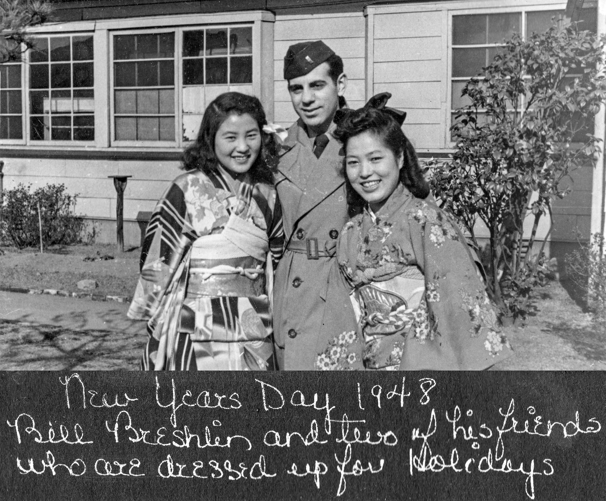 Bill Breshlin, friend of Captain Clarence V. Ward, and his two friends who are dressed up for the holidays.

Ward was sent with the US Army to provide ophthalmology care to war-refugee Japanese children and adults as well as American Service personnel.

From a photo album titled "Pictures from Japan and Elsewhere." Occupied Japan era, Captain Clarence V. Ward, US Army from 1947-1949, 28th General Hospital, Osaka, Japan. Clarence lived in Peoria, Illinois (Feb. 13, 1922 - June 5, 2009).

Ward served in the US Army from 1947-1949, 28th General Hospital, Osaka, Japan attaining the rank of Captain. He graduated from St. Bernard's Grade School in 1936; Spalding Institute in 1940; University of Notre Dame in 1944 where he earned his BS; and University of St. Louis School of Medicine in 1946. He served his internship at St. John's Hospital in St. Louis, MO from 1946-1947; Post Graduate at Northwestern University in Ophthalmology from 1949-1950; Residency at Hines Veterans Hospital in Hines, IL from 1950-1952 in Ophthalmology. He was an Ophthalmologist full time from 1952-1995 and part time from 1996-2004.
