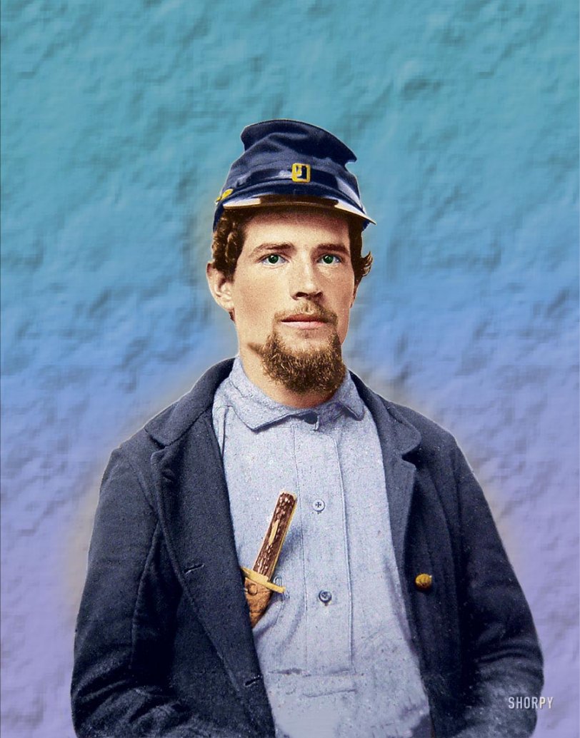 I was fascinated by the look on this soldier's face. Determination and a strange sort of peace.
I restored the photo and colorized it from this original Shorpy Civil War entry (one of the few less disturbing photos from this era).
