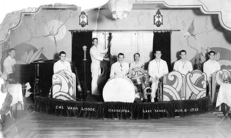 The Cal-Vada Lodge Orchestra, August 8, 1935. My late father-in-law, Bodie Aubery, on bass. Others in photo: Clyde Ramond, Steve Forberg, Bernie Powers, Sherman Hayes, Bob Bryan, Lenny Ellithorpe, Joe Guidera. View full size.
