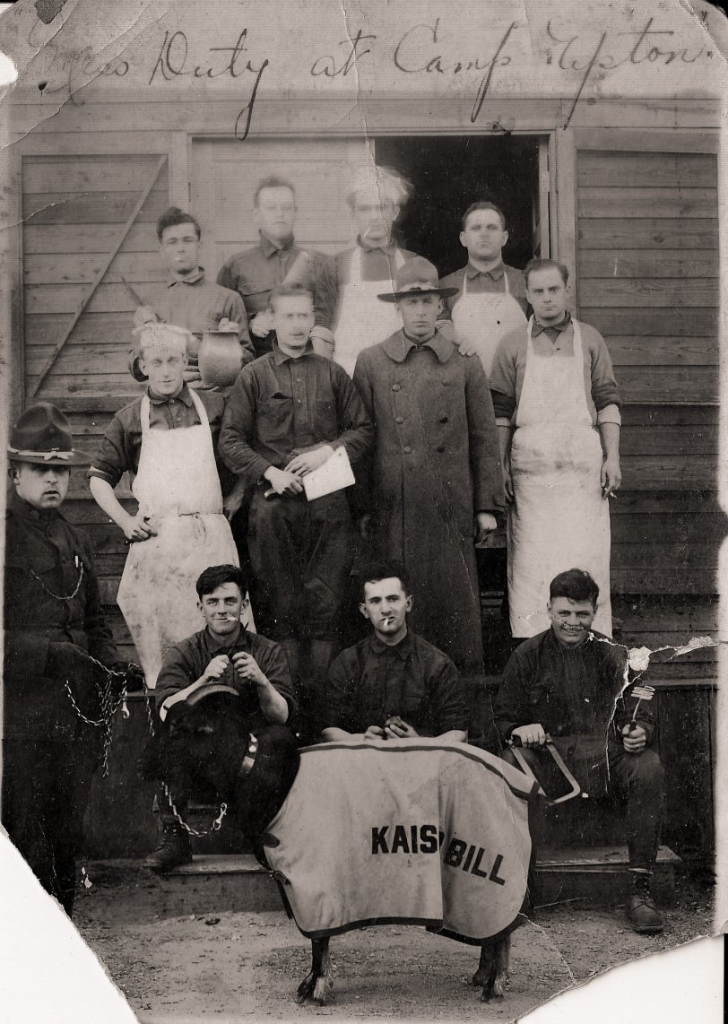 I found this photo in a collection of my mother's family. She had several uncles who may have been the right age to be dough boys, although I'm vague on the family military history. Taken at Camp Upton on Long Island. View full size.
